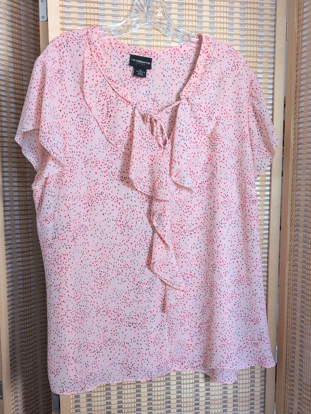 Liz Claiborne Pink Speckled Ruffle Front Blouse